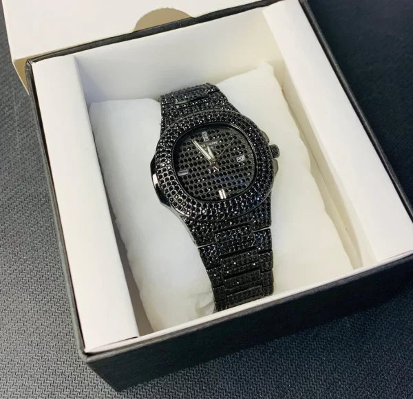 Blacked Iced Out Stainless Steel Chain Watch for Men – Stylish Fashion Watch with Date Display