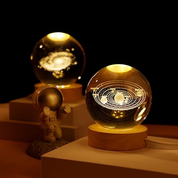 3D Galaxy Solar System Crystal Ball Night Light with Wooden Base – Kids Room Décor & Gift