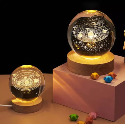 3D Galaxy Solar System Crystal Ball Night Light with Wooden Base – Kids Room Décor & Gift