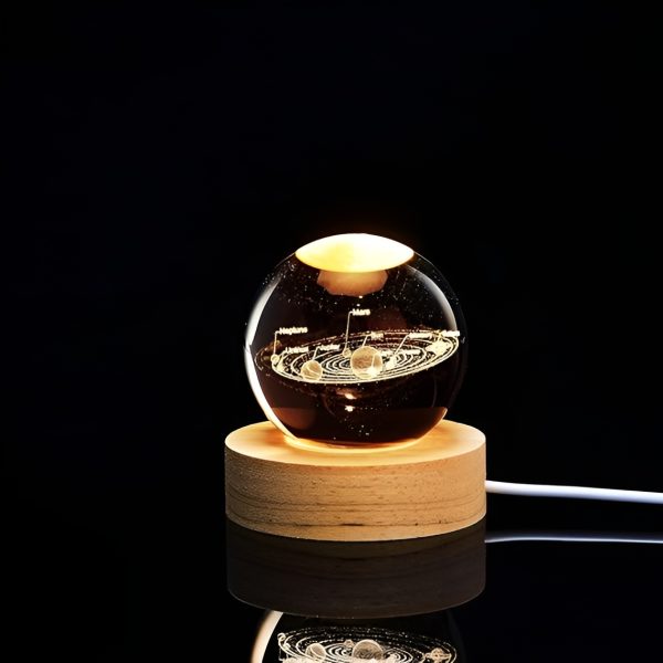 3D Galaxy Solar System Crystal Ball Night Light with Wooden Base – Kids Room Décor & Gift
