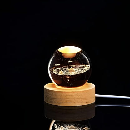 3D Galaxy Solar System Crystal Ball Night Light with Wooden Base – Kids Room Décor & Gift