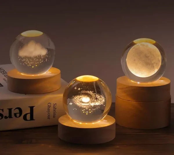 3D Galaxy Solar System Crystal Ball Night Light with Wooden Base – Kids Room Décor & Gift