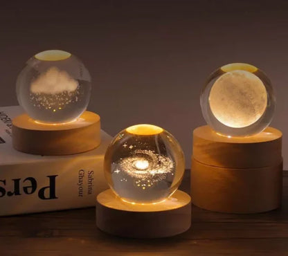 3D Galaxy Solar System Crystal Ball Night Light with Wooden Base – Kids Room Décor & Gift