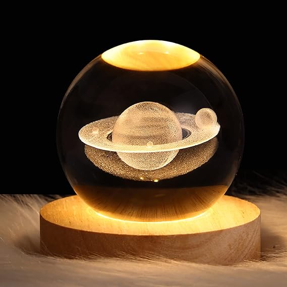 3D Galaxy Solar System Crystal Ball Night Light with Wooden Base – Kids Room Décor & Gift