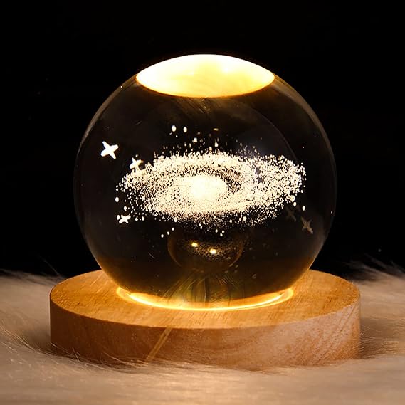 3D Galaxy Solar System Crystal Ball Night Light with Wooden Base – Kids Room Décor & Gift