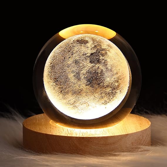 3D Galaxy Solar System Crystal Ball Night Light with Wooden Base – Kids Room Décor & Gift