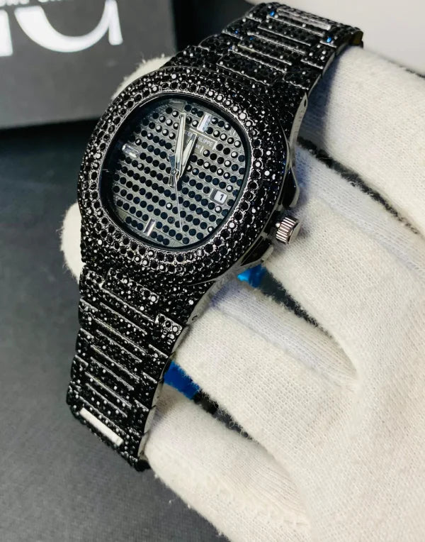 Blacked Iced Out Stainless Steel Chain Watch for Men – Stylish Fashion Watch with Date Display