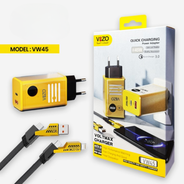 VW45 – 45W Vizo Volt Series PD Fast Charger | Dual Port USB-A & Type-C | Premium 4-in-1 Cable Included